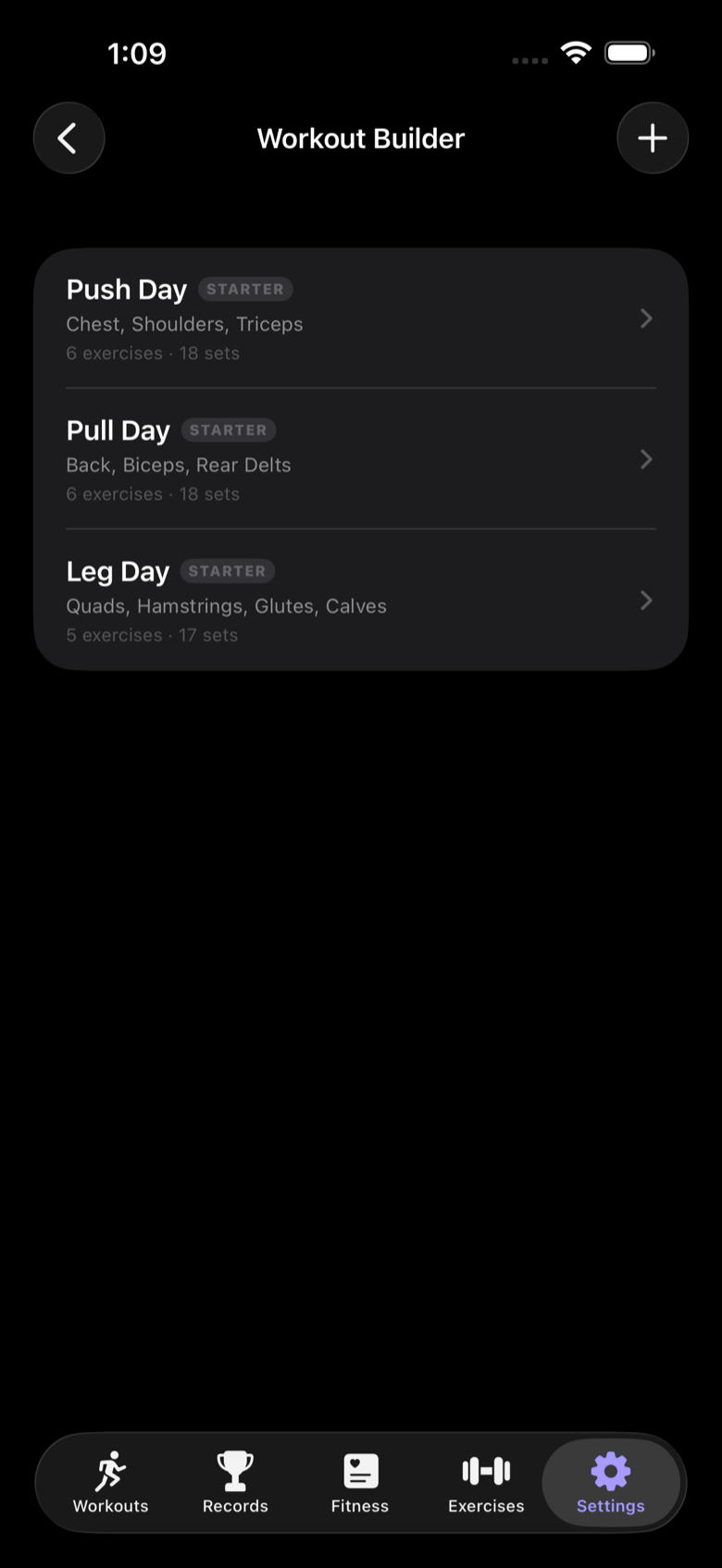 Workout Builder on iPhone with Push Day, Pull Day, and Leg Day starter templates.