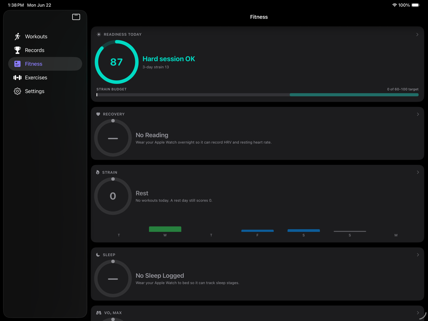 Fitness tab on iPad with Readiness, Recovery, Strain, and Sleep panels.