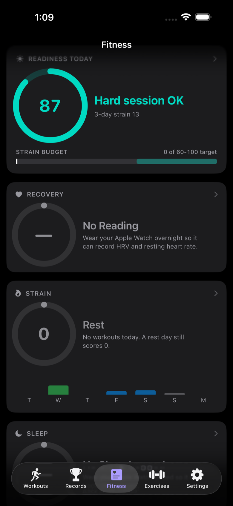 Fitness tab on iPhone with Readiness, Recovery, Strain, and Sleep dials.