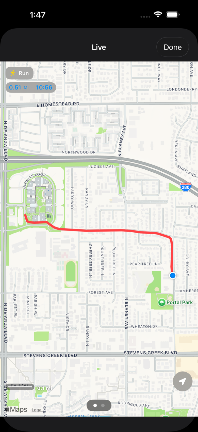 Live full-screen map on iPhone mirroring an in-progress watch run.