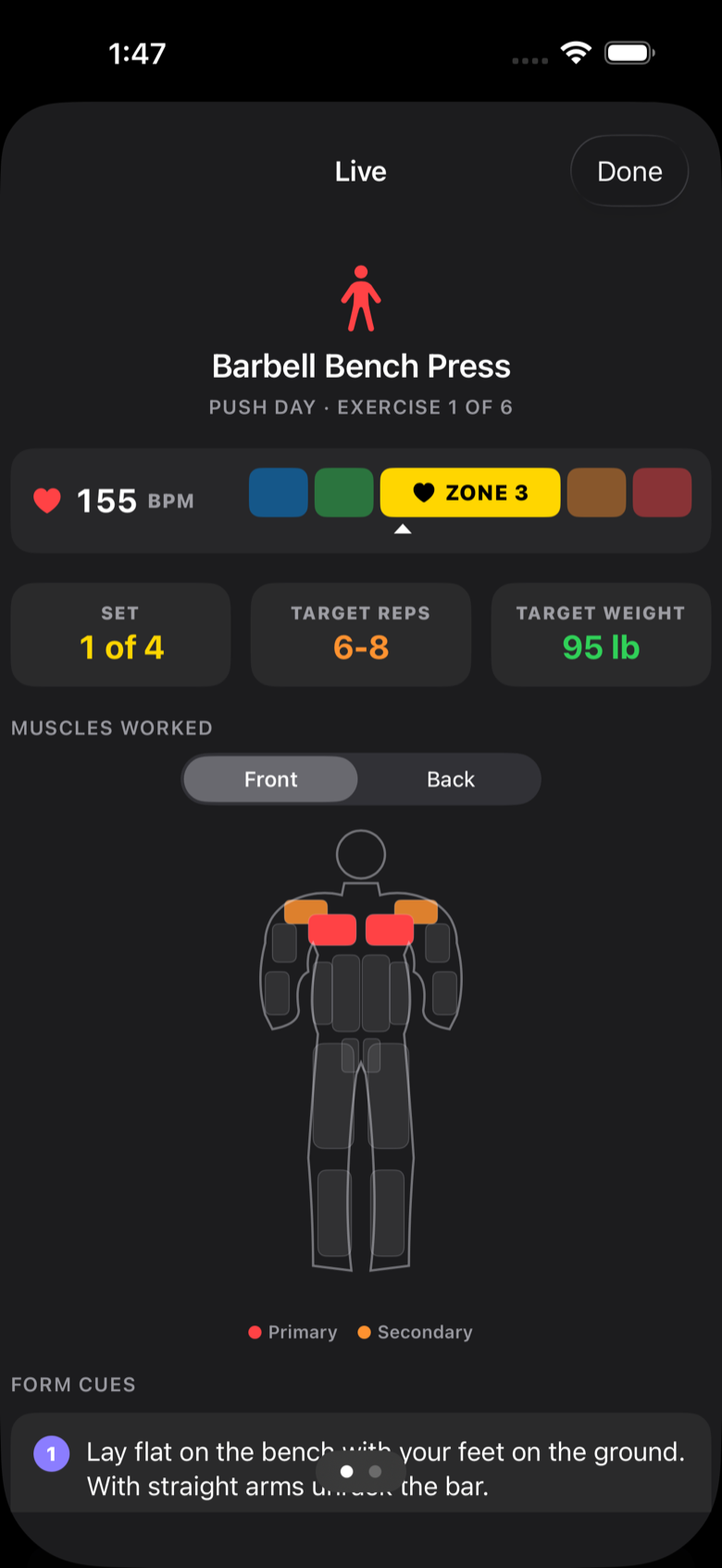 Live strength session on iPhone showing bench press set, heart-rate zone, targets, and form cues.
