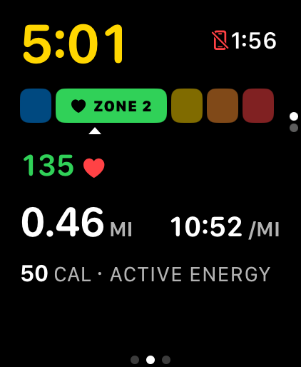 Apple Watch live run metrics with heart-rate zone bar, distance, pace, and calories.