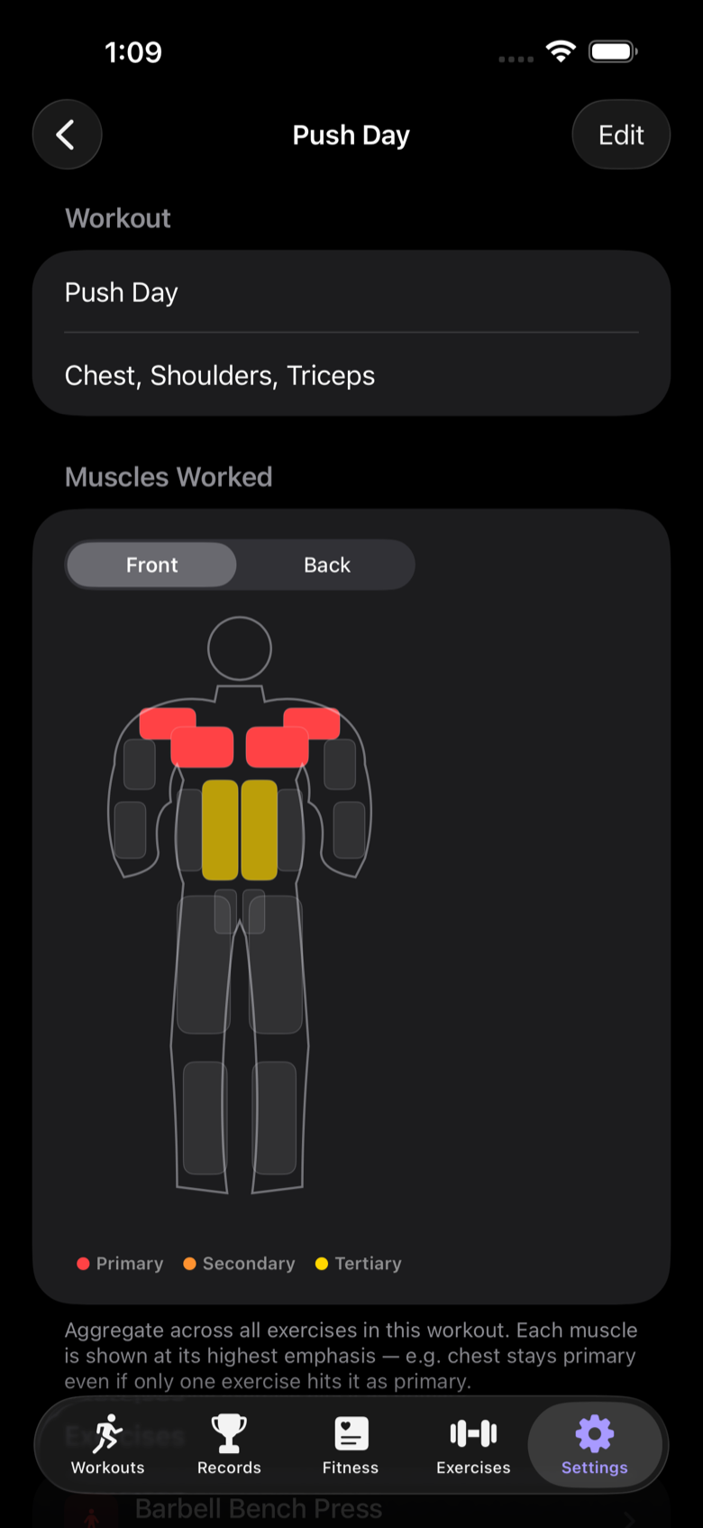 Push Day muscles-worked body diagram on iPhone with primary, secondary, and tertiary emphasis.