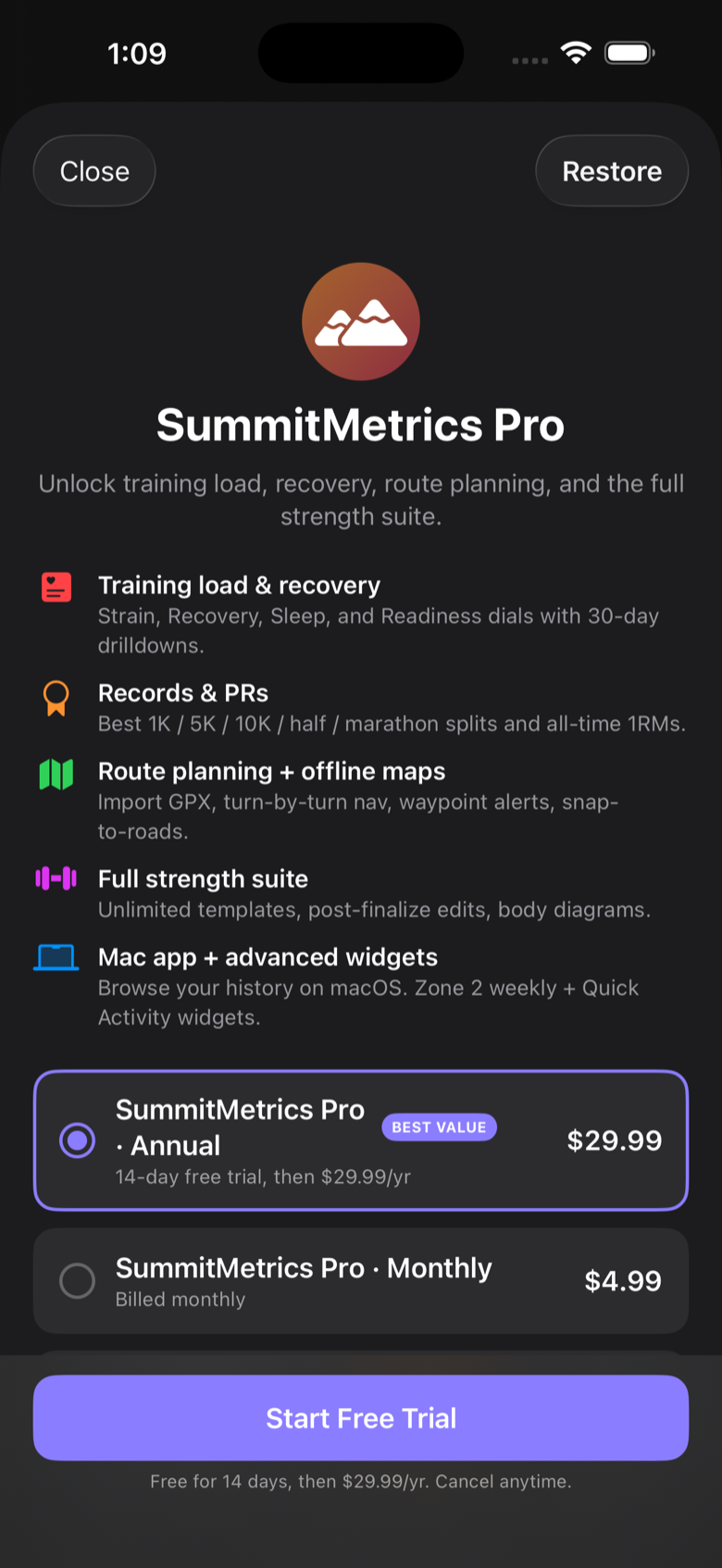 SummitMetrics Pro subscription screen with feature list and annual and monthly plans.
