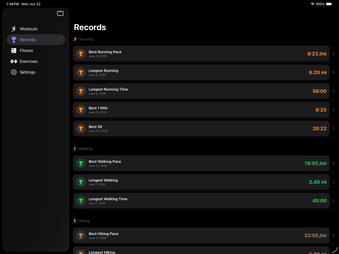 Records on iPad listing running, walking, and hiking personal records.
