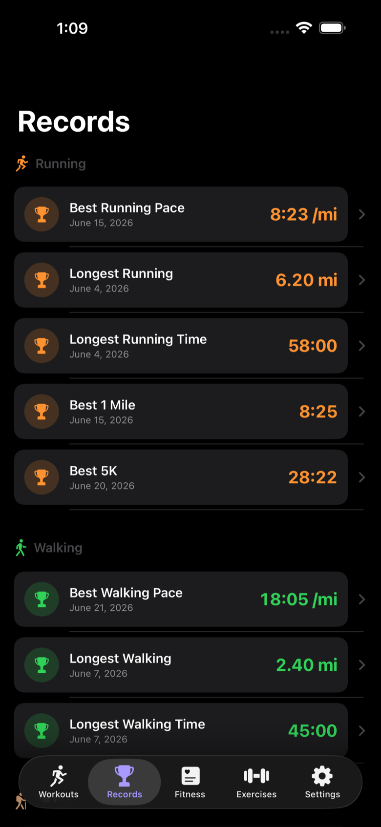 Records screen on iPhone with best pace, longest distance, and best 5K per activity.