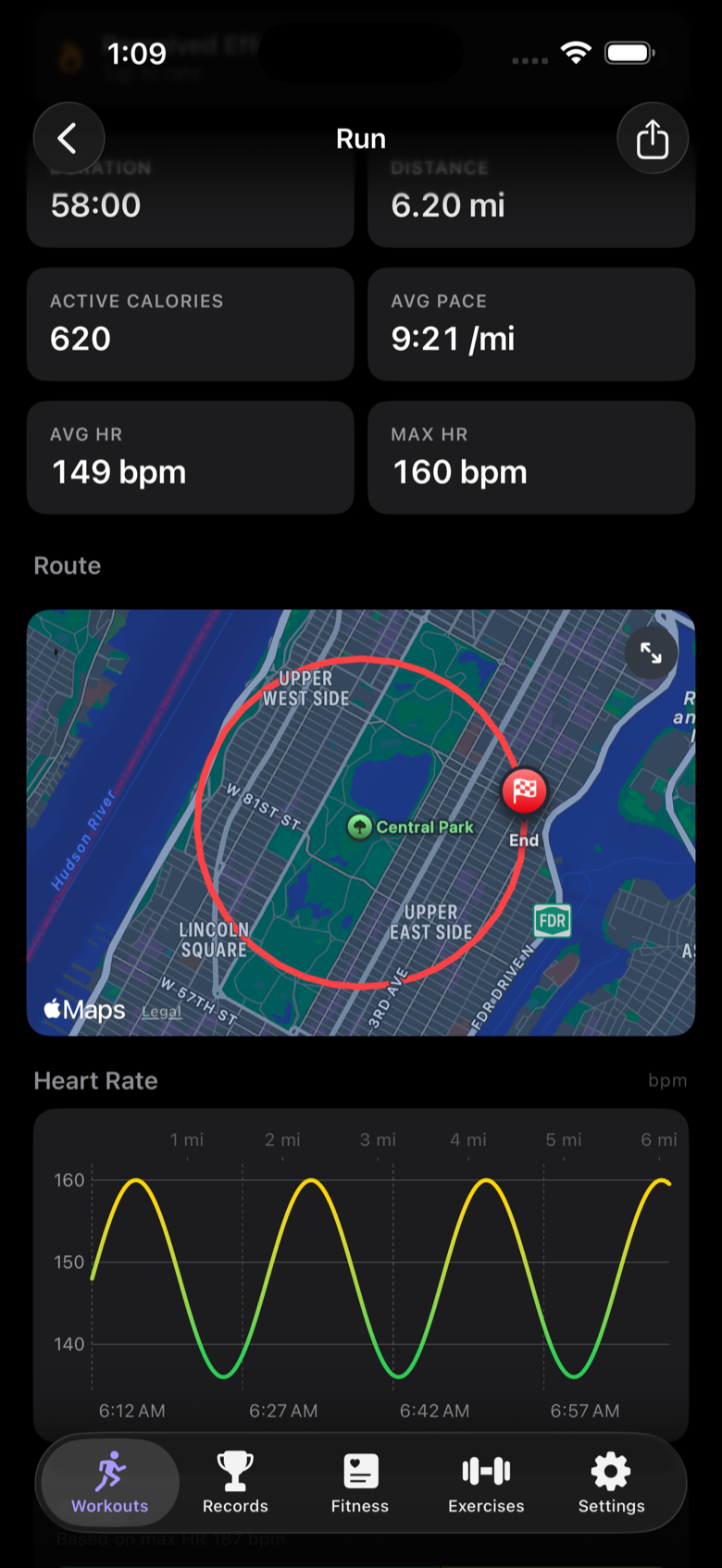Run detail on iPhone with duration, pace, heart rate, route map, and heart-rate chart.