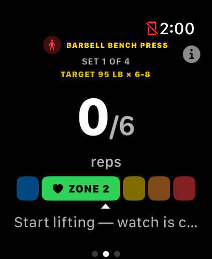 Apple Watch counting bench press reps with set target and heart-rate zone.