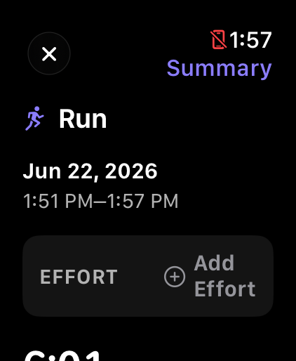 Apple Watch post-workout summary with effort rating.