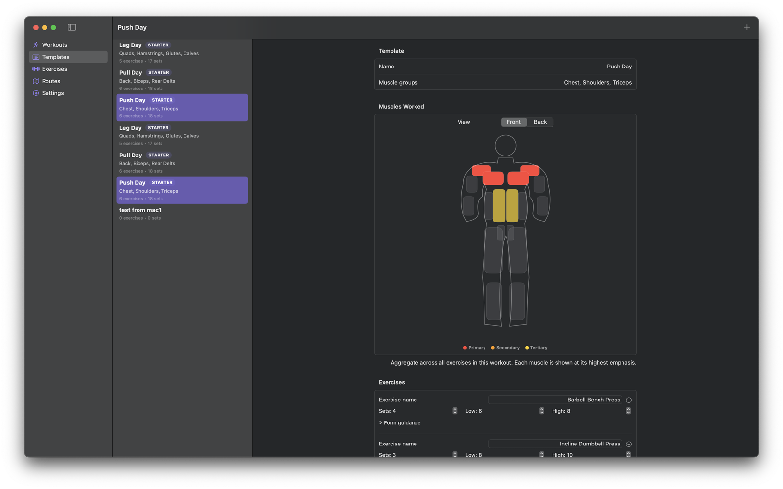 Mac template editor for Push Day with muscles-worked diagram and per-exercise set targets.