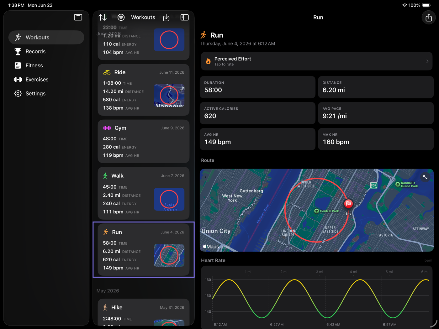 SummitMetrics on iPad with sidebar, workout list, and full run detail with route map and heart-rate chart.
