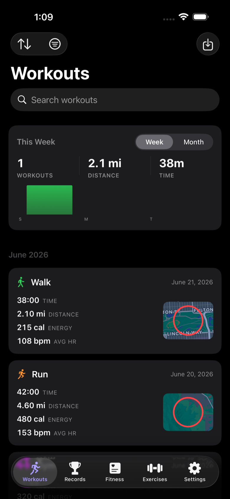 SummitMetrics workouts list on iPhone with weekly totals and route thumbnails.