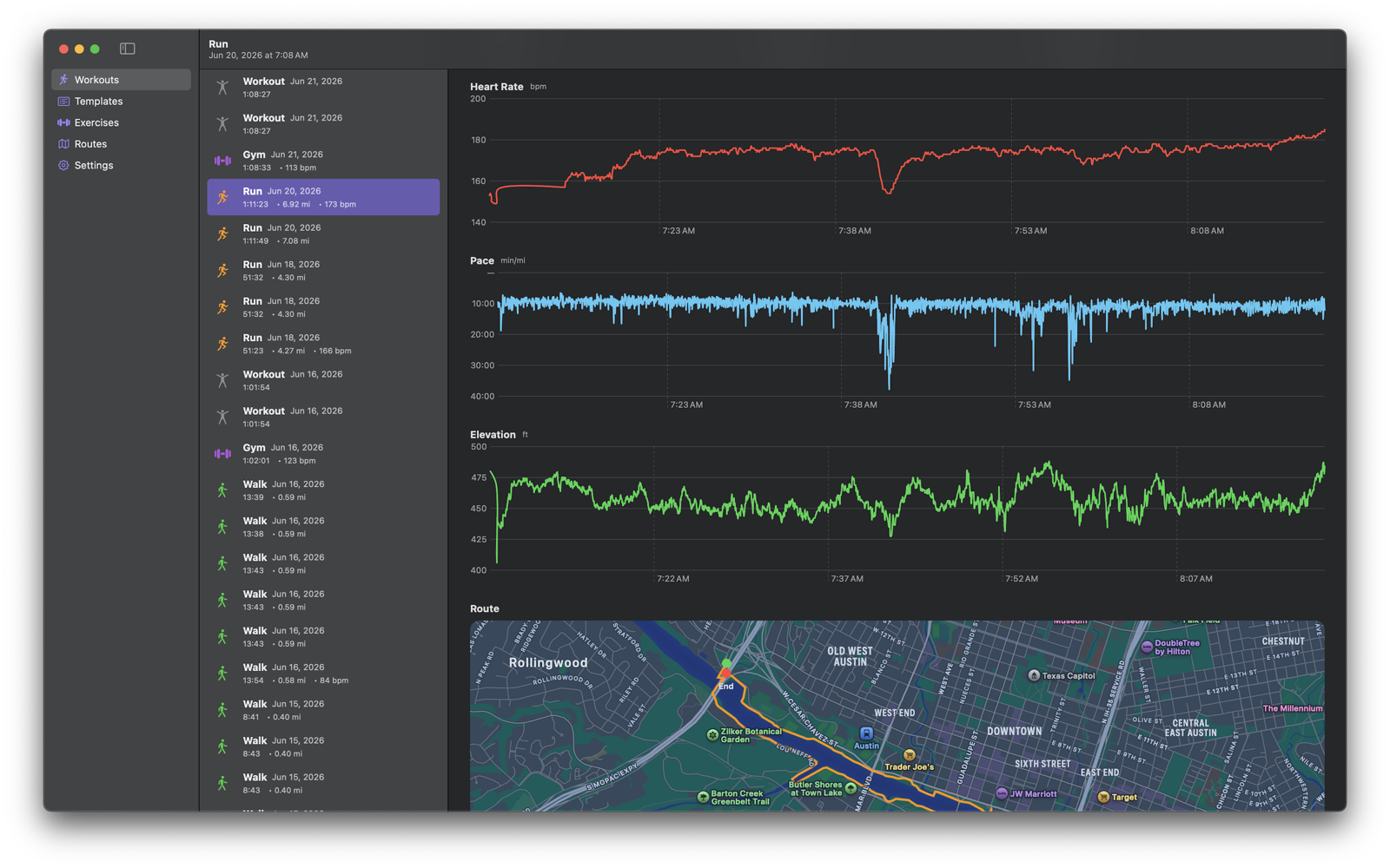 SummitMetrics Mac app showing a run with heart rate, pace, and elevation charts plus a route map of Austin.